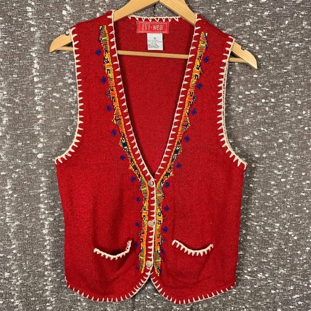 Vintage Ivy Wear Red Sweater‎ Vest Beaded Embroidered Silk Blend Button Front M